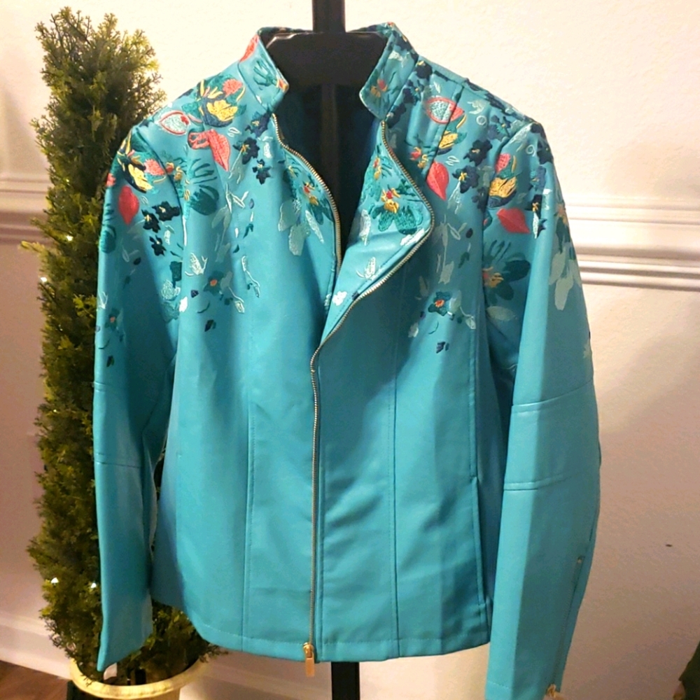 Colleen Lopez Embroidered Faux Leather Moto jacket